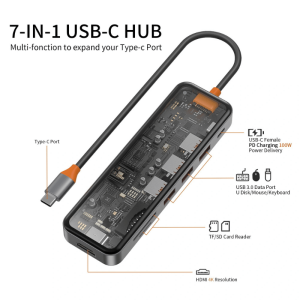 WIWU Cyber hub 7 in 1 CB007 USB-C HUB PD 100W, Zinc Alloy Space Gray